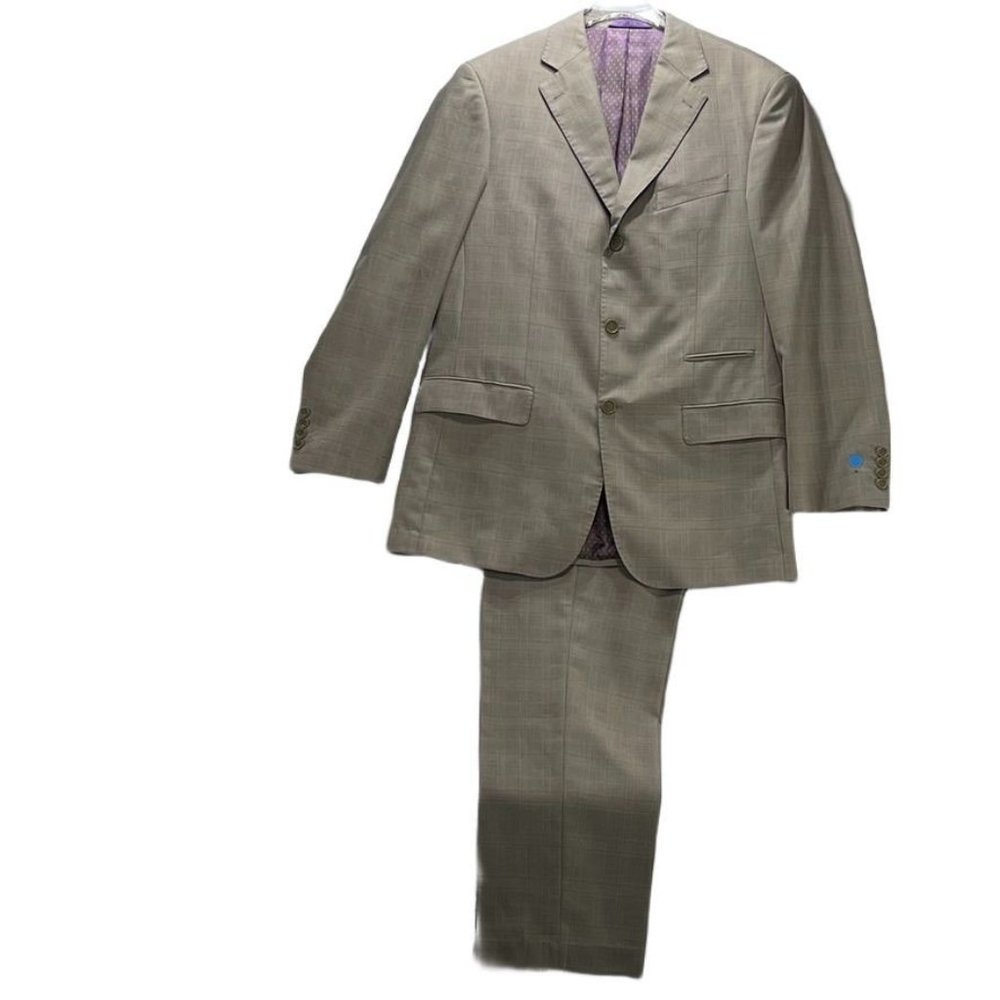 EARVIN MAGIC JOHNSON Suit Italian Styled Taupe Plaid 3 Button Mens Size 40L 34W